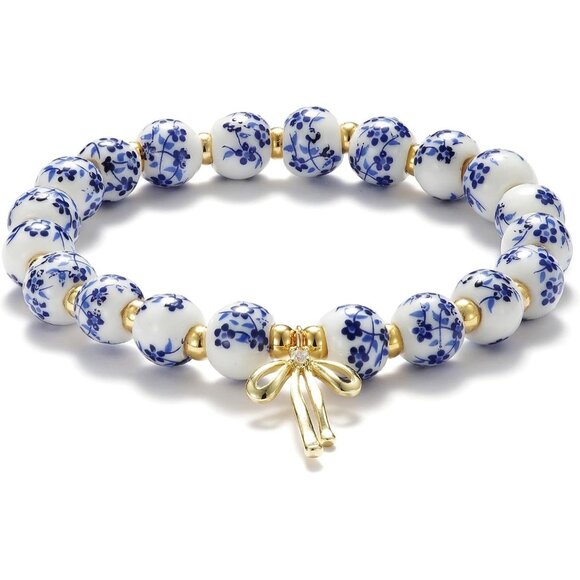 Beads Bow Charm Bracelet for Women - Handmade Flower Vintage Stretch Jewelry - Picture 3 of 9